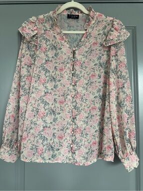 In The Style Pink Floral Ruffle-Trim Button Blouse